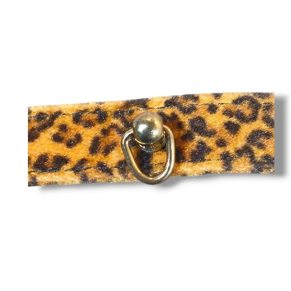 Brown Cheetah Print Cat Collar Small Adjustable Fuzzy Felt Brass Hardware 16 In